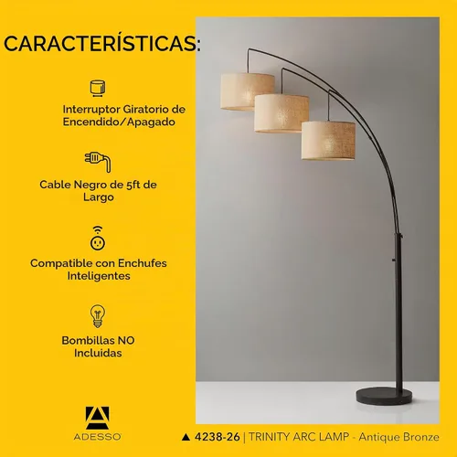Vista 5 de Adesso Lámpara de pie de arco con 3 pantallas móviles y brillo regulable, iluminación perfecta para dormitorio, sala de estar y decoración de Bronce