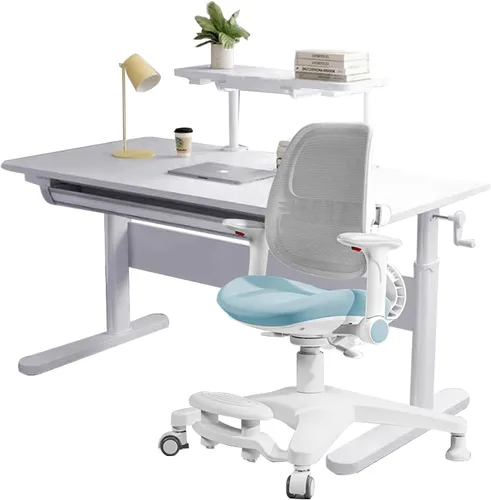 Vista 15 de FCD Escritorio y silla para niños, juego de escritorio y silla de estudio ergonómico, multifuncional, ajustable, mesa de dibujo y estación