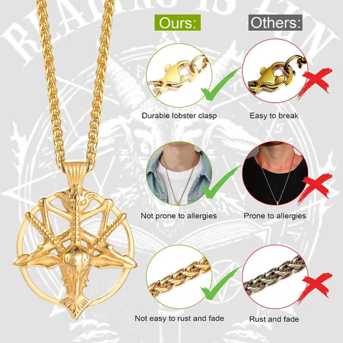 Vista 2 de TempBeau Collar con colgante de pentagrama satánico Baphomet Cadena de eslabones de pentáculo invertida hecha a mano, iglesia satanista, punk