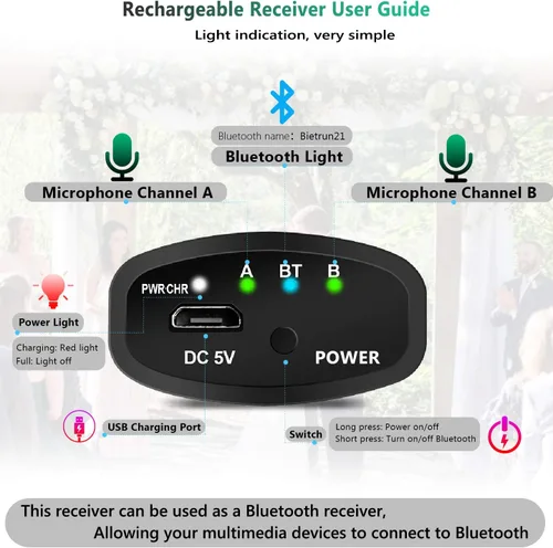 Vista 7 de Micrófono inalámbrico con Bluetooth, sistema de micrófono de metal dinámico de mano dual UHF profesional con receptor recargable, rango de 160 pies