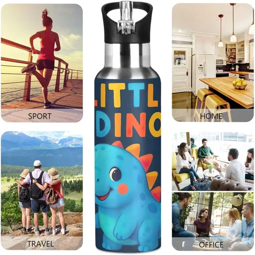 Vista 5 de Insulated Stainless Steel Water Bottle with Straw 20 Oz, BPA-Free Sport Water Bottle for Gym Outdoor Travel School, Cute Dinosaur Blue