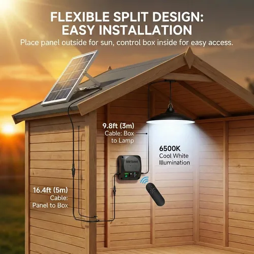 Vista 2 de Luces solares de cobertizo para interiores y exteriores, luz colgante con sensor de movimiento de 3200 lm disponible durante el día con control