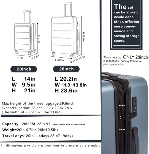 Vista 7 de COOLIFE Maleta de equipaje conjunto de ABSpolicarbonato Spinner Trolley con bolsillo compartimento Bolsa para fin de semana