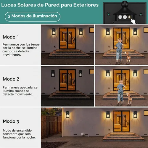 Vista 3 de AEQ Luces solares para porche al aire libre, apliques solares para exteriores con sensor de movimiento, luz de pared impermeable con panel