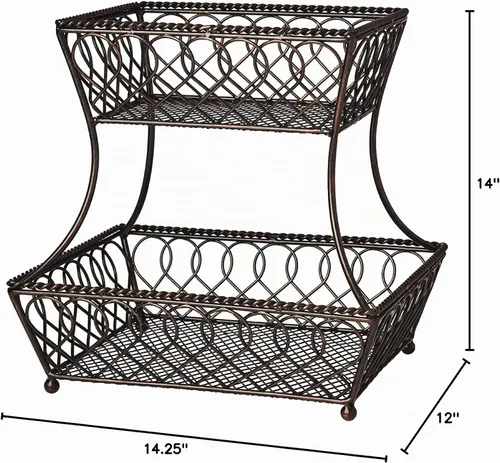 Vista 8 de [Usado] Gourmet Basics by Mikasa Cesta de frutas para encimera de 2 niveles, con bucle y celosía, almacenamiento redondo de metal para cocina o mesa