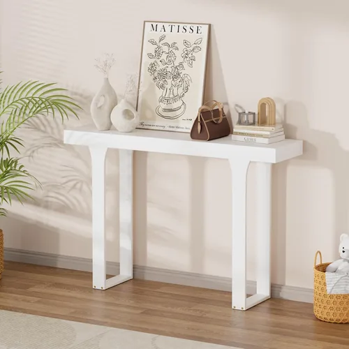 Vista 9 de Mesa consola estrecha de bambú de 47.2 pulgadas, mesa auxiliar de granja de 2 niveles, mesa de entrada rectangular, moderna mesa de sofá detrás