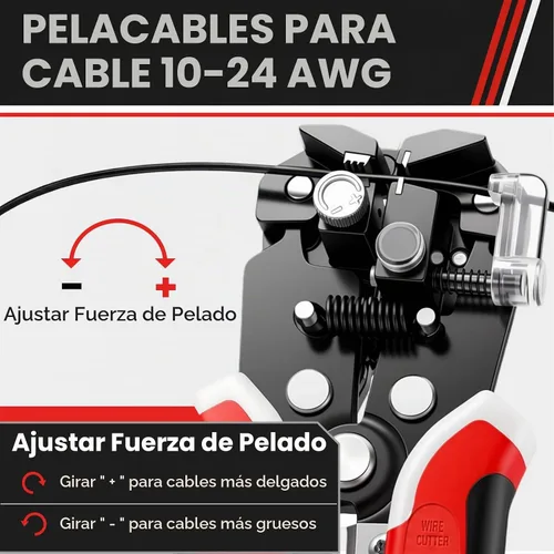 Vista 3 de WGGE WG-014 pelacables autoajustable con aislamiento, para pelar cables desde AWG 10-24, strippers automáticos con cortadores y buclera de 8