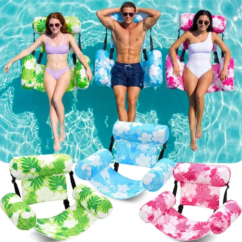 Vista 9 de Paquete de 3 flotadores inflables para piscina, sillas flotantes para adultos, hamaca ajustable, silla flotante de agua, natación, patrón de plantas