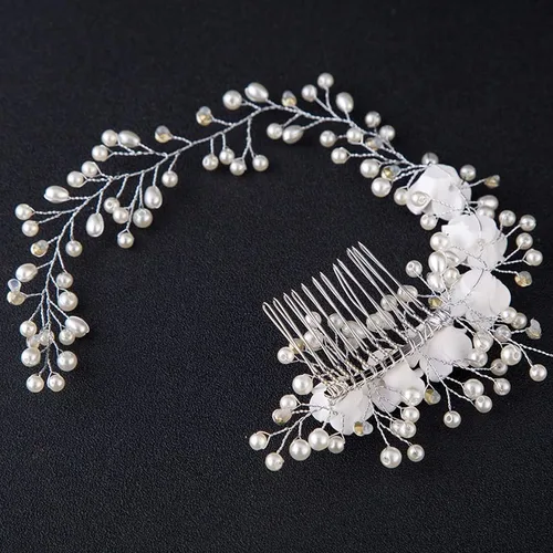 Vista 4 de HOUKAI JIAMEI - Diadema de cristal para boda, accesorios para el cabello, diadema de flores de perlas, hecha a mano, cuentas decorativas