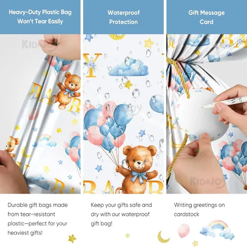 Vista 3 de KIDAJOY Bolsas de regalo extra grandes de oso de peluche, baby shower, Jumbo We Can Bearly Wait, bolsa de regalo de plástico para niñas y niños