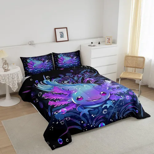 Vista 2 de Feelyou Lindo juego de ropa de cama de ajolote para niños y niñas tamaño twin, juego de edredón de salamandra para niños, mujeres y hombres, edredón