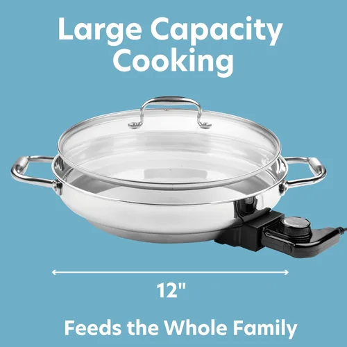 Vista 10 de Cucina Pro - Sartén eléctrica de acero inoxidable 18/10 con tapa de vidrio templado y asas, redonda de 12 pulgadas, perilla de control