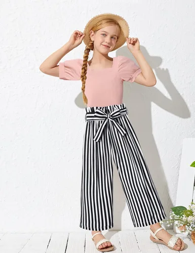 Vista 31 de DONWEN Conjunto de 3 piezas de ropa para niñas pequeñas y niñas con cuello cuadrado + pantalones elegantes + diadema para primavera y verano