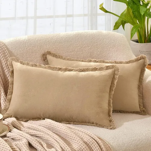Vista 26 de ZWJD Juego de 2 fundas de almohada de 16 x 16 pulgadas, color beige, con flecos, de algodón, decorativas, cuadradas, para sofá, cama, sala de estar