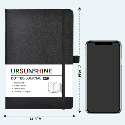 Vista 3 de Cuaderno punteado, diario, 5.3 x 8.26 pulgadas, tapa dura, prémium, papel grueso, doble espiral, bandas, cuero negro sintético, lazo para bolígrafo