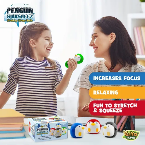 Vista 6 de YoYa Toys Penguin Squisheez - Pelotas blandas para aliviar el estrés (juego de 4) Juguetes elásticos en forma de animales para niños, niñas