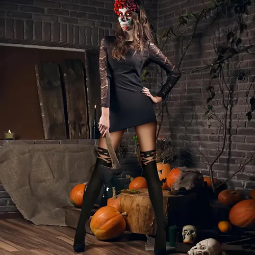 Vista 2 de MANZI Medias de Halloween para mujer, a rayas, estampadas, para disfraz de nylon