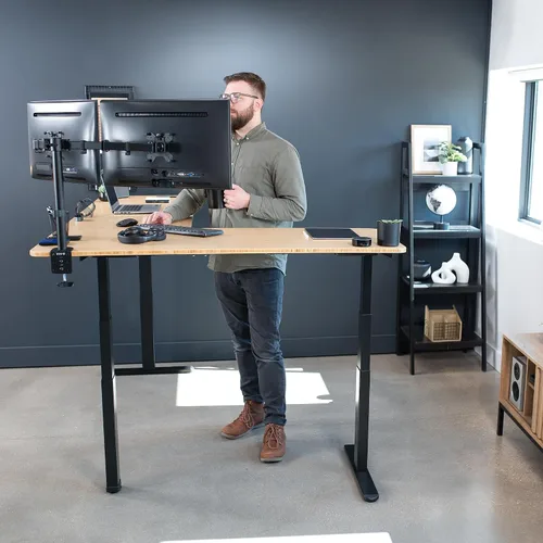 Vista 8 de VIVO DESK-KIT-3E8BO - Escritorio eléctrico de altura ajustable de 83 x 60 pulgadas para trabajar de pie, con 2 cubiertas sólidas de bambú, marco