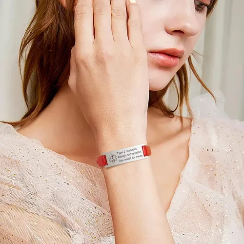 Vista 2 de MPRAINBOW Pulsera de alerta médica personalizada para mujer, correa de reloj de cuero genuino, grabado de doble cara, diabetes, epilepsia, joyería
