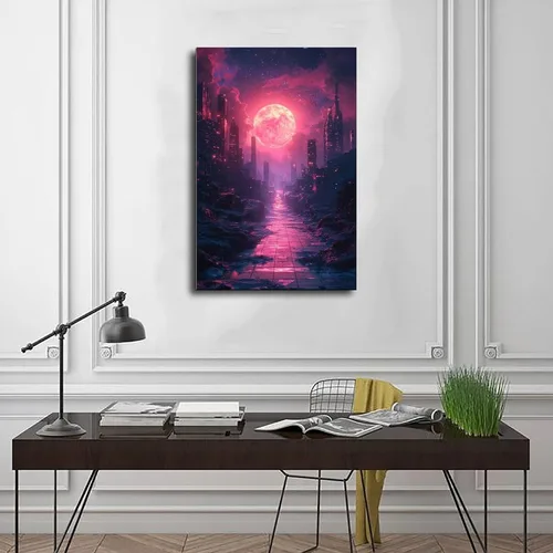 Vista 3 de Synthwave Neon City Print – Retro Sci-Fi Digital Art – Modern Vibrant Wall Decoration Modern Wall Prints Abstract Geometric Minimalist Art Framed