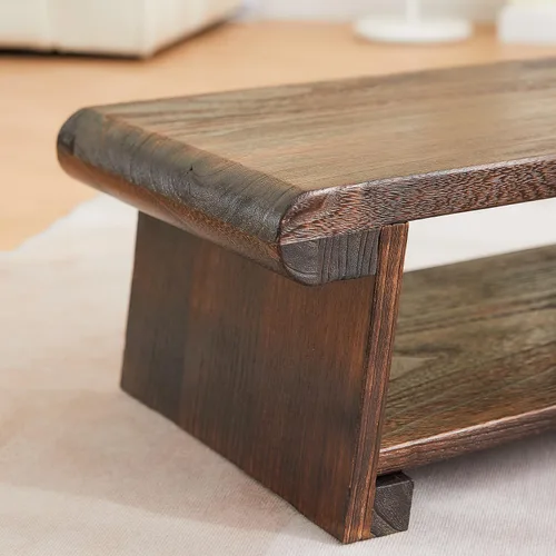 Vista 9 de Mesa de altar japonesa, mesa de piso plegable, pequeña mesa de meditación baja de madera, mesa de centro para sala de estar, marrón, 19.7 x 11.8 x