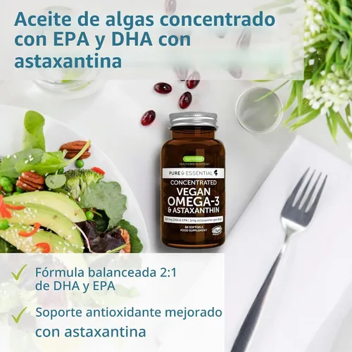 Vista 2 de Paquete vegano de Omega-3 + complejo de calcio y magnesio, aceite de algas sostenible EPA y DHA de 1340 mg + complejo mineral de algas a base
