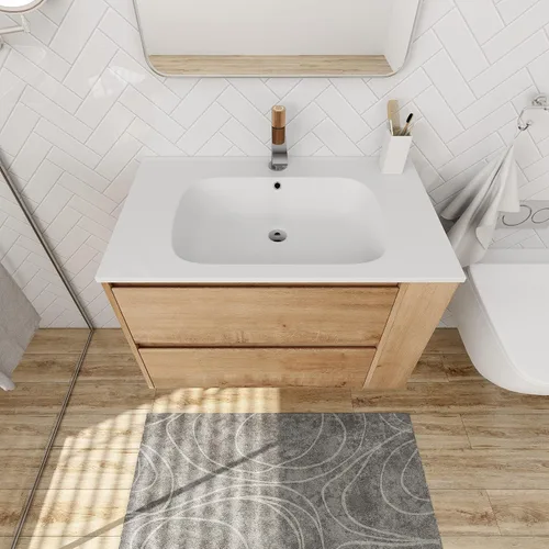 Vista 3 de SSLine Moderno tocador de baño flotante de 30 pulgadas con lavabo montado en la pared con lavabo superior y 2 cajones y estante abierto, armario