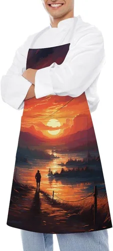 Vista 4 de Sunset Art Aprons Waterproof Cooking Kitchen Apron Unisex Adjustable Bib Apron with Pocket Restaurant Chef Works Aprons for Waitress Waiter