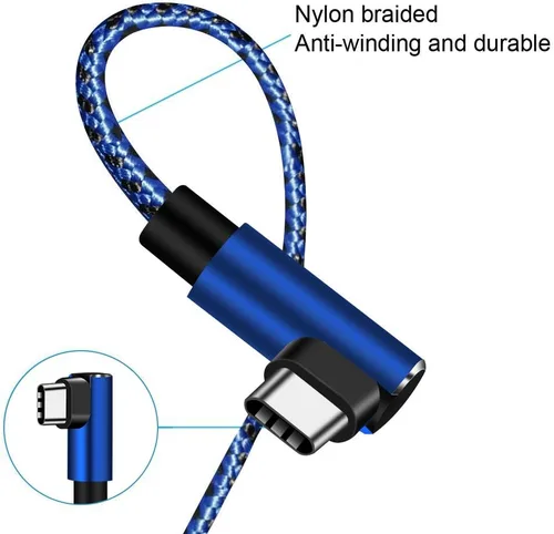 Vista 4 de Cable USB tipo C de ángulo recto extralargo (paquete de 2 unidades de 10 pies), cargador rápido USB A a USB C, cable trenzado de nailon para Samsung