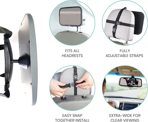 Vista 7 de Lulyboo Espejo grande para automóvil con rotación de 360 grados y correas ajustables, espejo trasero extra ancho para una conducción segura, se