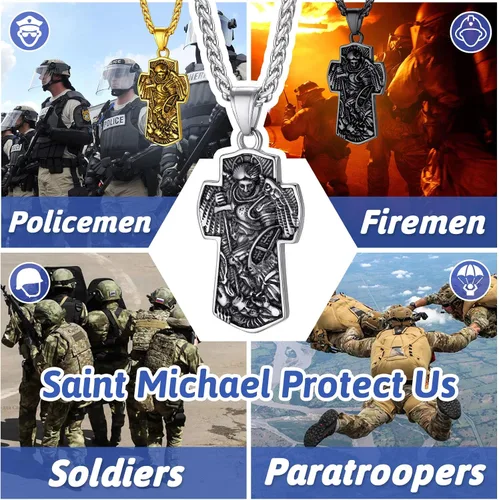Vista 4 de FaithHeart - Collar de San Miguel, dije personalizado de protección del arcángel, para hombres y mujeres, acero inoxidablechapado en oro Medalla