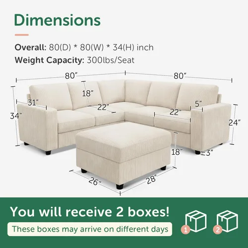 Vista 2 de HONBAY Sofá modular de pana con almacenamiento en forma de L para sala de estar, sofá seccional de 6 plazas, color beige