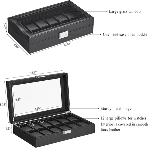 Vista 4 de BEWISHOME Caja de reloj, caja de reloj de 12 ranuras con tapa de vidrio grande, caja de reloj para hombre, organizador de caja de reloj, caja
