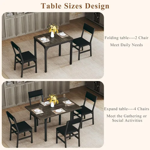 Vista 2 de HUAHUU Juego de mesa de comedor para 4, juego de sillas con cojín para cocina extensible de 4, mesa de comedor rectangular con marco de metal