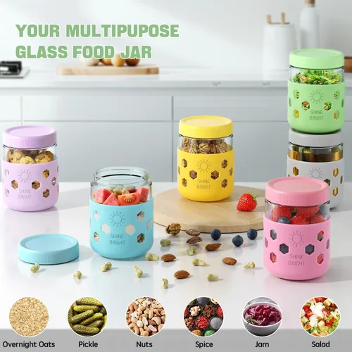 Vista 12 de Lazyshine Paquete de 6 recipientes de vidrio para avena durante la noche con tapas, tarros Mason de 16 onzas con fundas de silicona, tarros Vaso