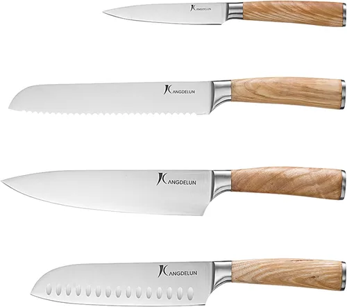 Vista 8 de kangdelun Ultra Sharp - Juego de cuchillos de chef de 4 piezas, acero inoxidable de alto carbono, asas de madera de fresno marrón torreficado, caja