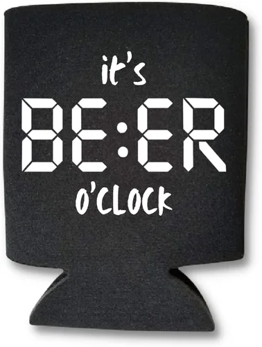 Vista 2 de Divertido enfriador de latas de cerveza, It's Beer O'Clock, divertido accesorio de bebida Coolies, fundas de cerveza, regalos de fiesta (negro)