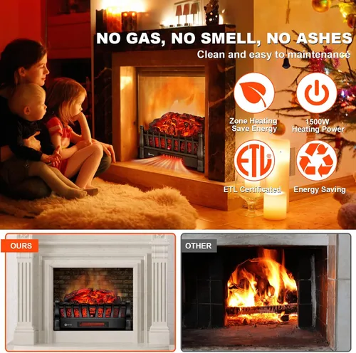 Vista 5 de Troncos Eléctricos para Chimenea Insertos Calentador con Control Remoto Infrarrojo 5 Niveles de Brillo de Llama Temporizador de 24 H Protección