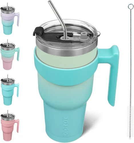 Vista 85 de BJPKPK Mini vaso de 10 onzas con tapa, popote y asa, taza de acero aislada