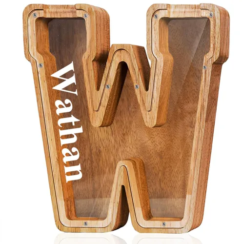 Vista 15 de Alcancía de madera grande personalizada con letras – Alcancía de letras para niños y niñas, regalo de cumpleaños (A)