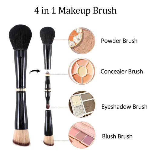 Vista 2 de Ponhey Juego de brochas de maquillaje de viaje 4 en 1, cepillo de maquillaje de viaje desmontable con estuche para base, polvo suelto, corrector