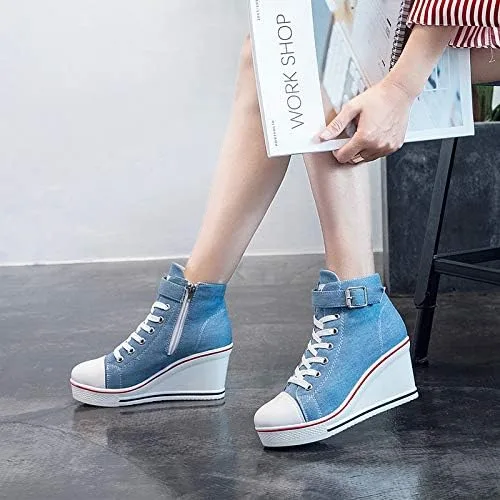 Vista 3 de Zapatos deportivos de tacón alto para mujer, zapatos de lona de moda de tubo alto, con cordones, borde de cuña, cremallera, ángulo, talla 4-11