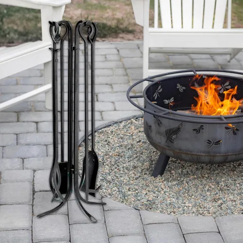 Vista 9 de Plow & Hearth Juego de 5 herramientas compactas de hierro forjado a mano para chimenea de 32.5 pulgadas Mango de hierro forjado negro