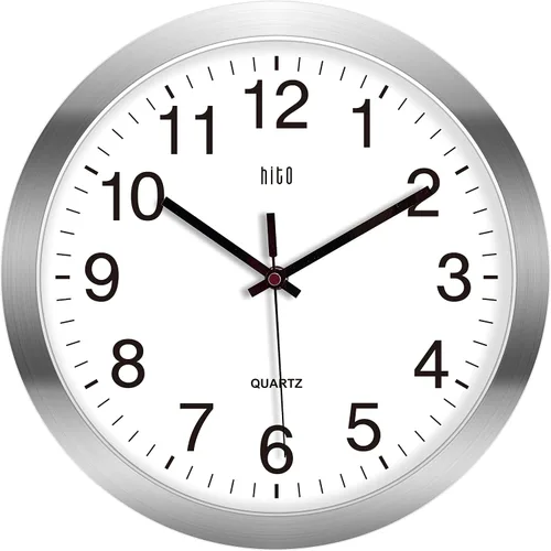 Vista 22 de HITO Reloj de pared silencioso de 10 pulgadas, funciona con pilas, sin tictac, cubierta de vidrio, marco de aluminio plateado, para decoración