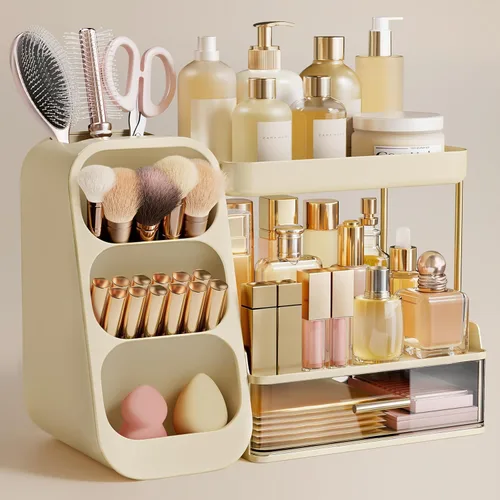 Vista 18 de HBlife Organizador de maquillaje con soporte para brochas para tocador, organizador grande de plástico para tocador de baño, almacenamiento