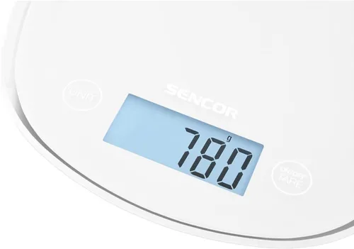 Vista 2 de Sencor Báscula digital de cocina con gran pantalla LCD retroiluminada y sensores de control táctil, pequeña, campanilla blanca