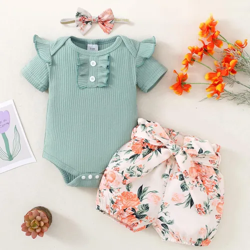 Vista 2 de Mioglrie Conjunto de ropa para bebé recién nacida, conjunto de pantalones cortos, lindos trajes de verano para bebés, ropa de bebé de algodón
