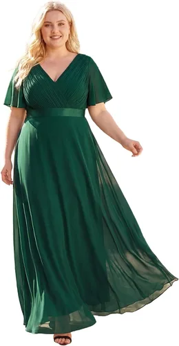 Vista 16 de Ever-Pretty Vestidos formales de noche de gasa para mujer con cuello en V de talla grande para mujeres con curvas, vestido de dama de honor de largo