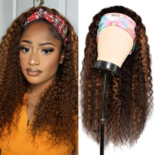 Vista 14 de Youngirl Peluca de cabello humano ondulado profundo con diadema de 12 pulgadas para mujeres negras, sin pegamento, sin encaje frontal, peluca