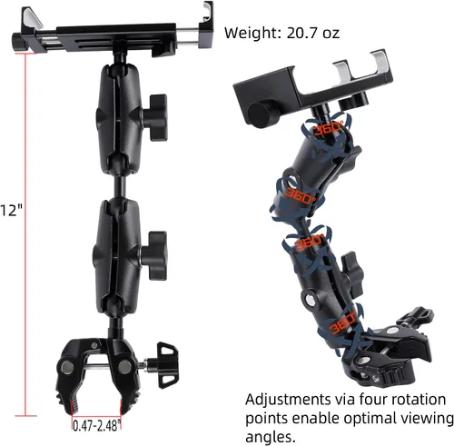 Vista 4 de Soporte de aluminio para tableta de doble brazo con súper abrazadera para rieles de 0.5 a 2 pulgadas de diámetro, soporte de tableta de montaje